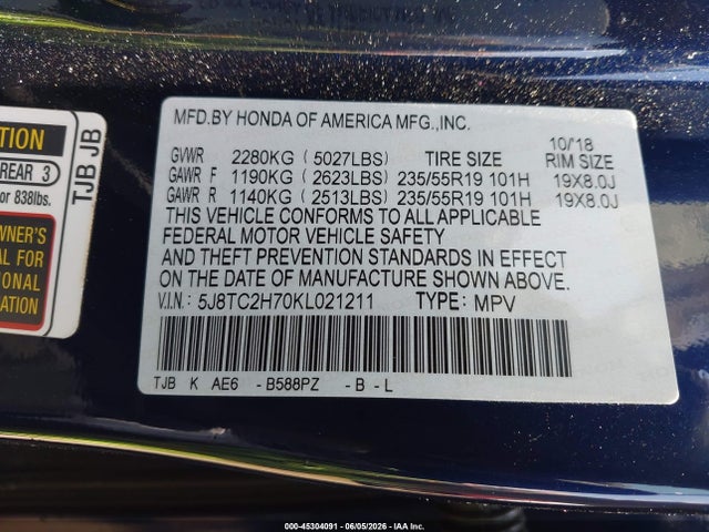 2019 Acura Rdx Advance Package მანქანა იყიდება აუქციონზე, vin: 5J8TC2H70KL021211, აუქციონის ნომერი: 45304091