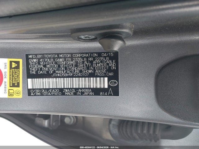 Aukcja sprzedaży 2015 Lexus Ct 200h, vin: JTHKD5BH9F2240107, numer aukcji: 45304122