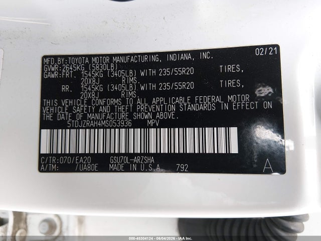 45304124 :رقم المزاد ، 5TDJZRAH4MS053936 vin ، 2021 Toyota Highlander Xse مزاد بيع