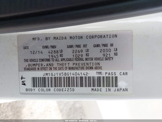 45304128 :رقم المزاد ، JM1GJ1V58G1404142 vin ، 2016 Mazda Mazda6 I Touring مزاد بيع