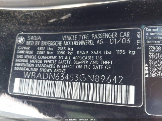 Aukcja sprzedaży 2003 Bmw 540ia, vin: WBADN63453GN89642, numer aukcji: 45304133