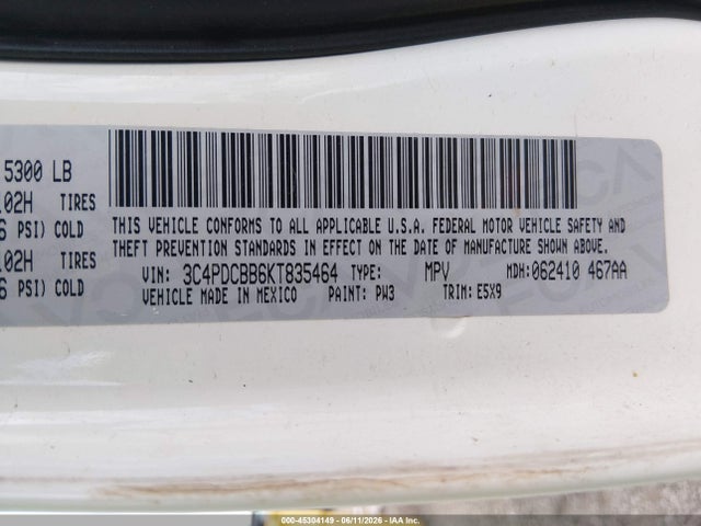 45304149 :رقم المزاد ، 3C4PDCBB6KT835464 vin ، 2019 Dodge Journey Se مزاد بيع