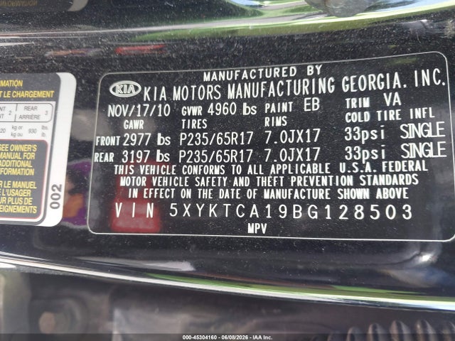 Продажа на аукционе авто 2011 Kia Sorento Lx, vin: 5XYKTCA19BG128503, номер лота: 45304160