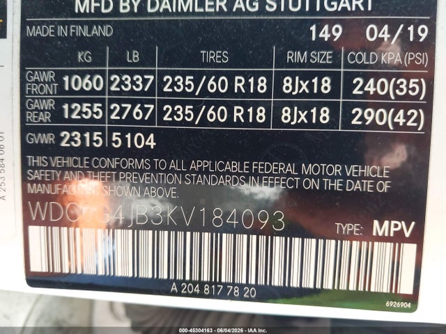 Aukcja sprzedaży 2019 Mercedes-benz Glc 300, vin: WDC0G4JB3KV184093, numer aukcji: 45304163