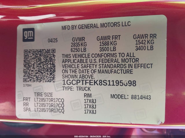 1GCPTFEK8S1195698 Chevrolet Colorado 4wd Zr2