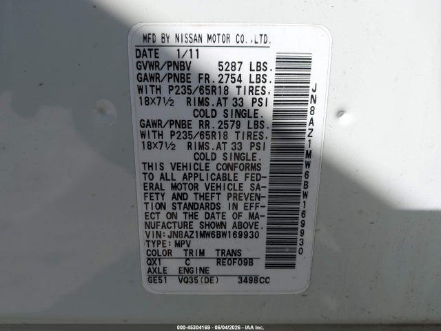 Aukcja sprzedaży 2011 Nissan Murano Sv, vin: JN8AZ1MW6BW169930, numer aukcji: 45304169