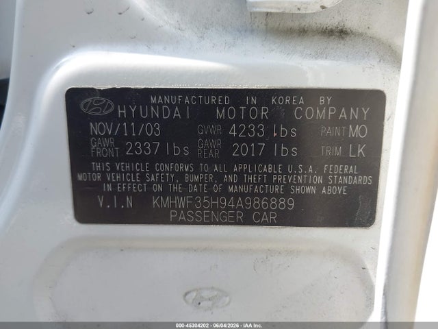 45304202 :رقم المزاد ، KMHWF35H94A986889 vin ، 2004 Hyundai Sonata Gls/lx مزاد بيع