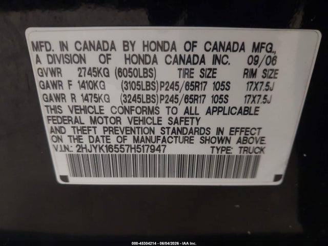 Продажа на аукционе авто 2007 Honda Ridgeline Rtl, vin: 2HJYK16557H517947, номер лота: 45304214