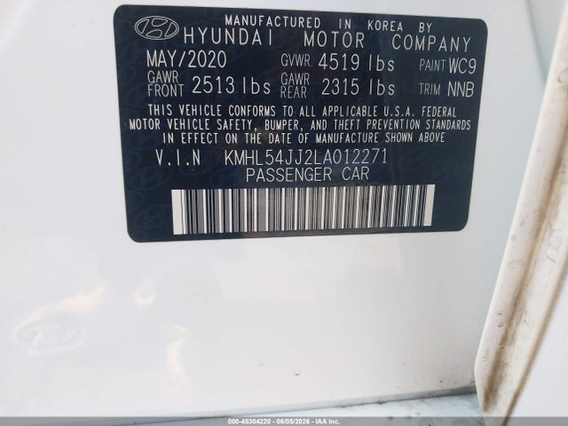 Aukcja sprzedaży 2020 Hyundai Sonata Hybrid Limited, vin: KMHL54JJ2LA012271, numer aukcji: 45304220