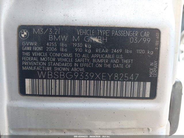 45304223 :رقم المزاد ، WBSBG9339XEY82547 vin ، 1999 Bmw M3 مزاد بيع
