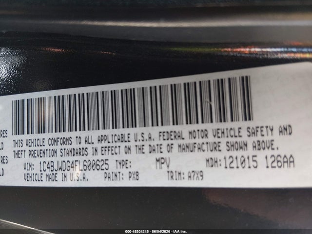 2015 Jeep Wrangler Unlimited Sport მანქანა იყიდება აუქციონზე, vin: 1C4BJWDG4FL600625, აუქციონის ნომერი: 45304245