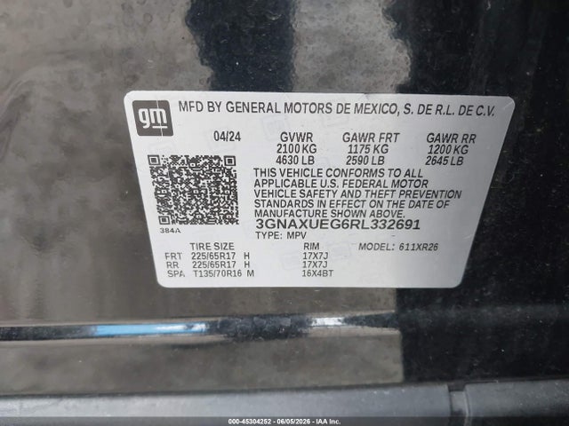 Продажа на аукционе авто 2024 Chevrolet Equinox Awd Lt, vin: 3GNAXUEG6RL332691, номер лота: 45304252