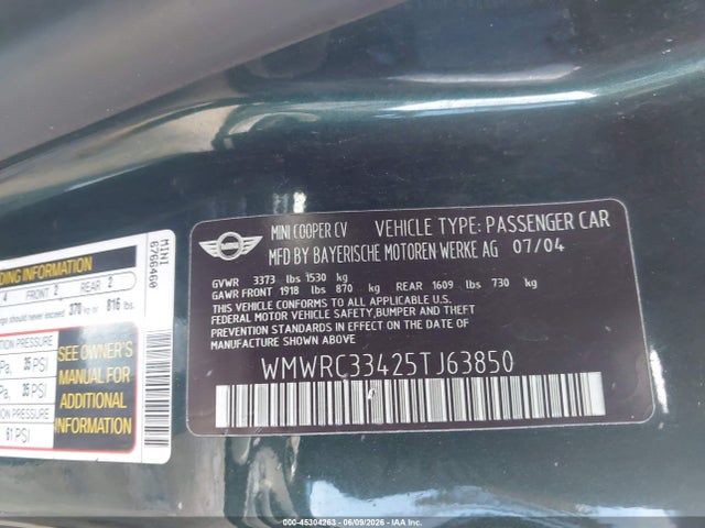 Auction sale of the 2005 Mini Cooper, vin: WMWRC33425TJ63850, lot number: 45304263
