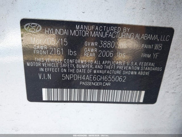 Aukcja sprzedaży 2016 Hyundai Elantra Se, vin: 5NPDH4AE6GH655062, numer aukcji: 45304266