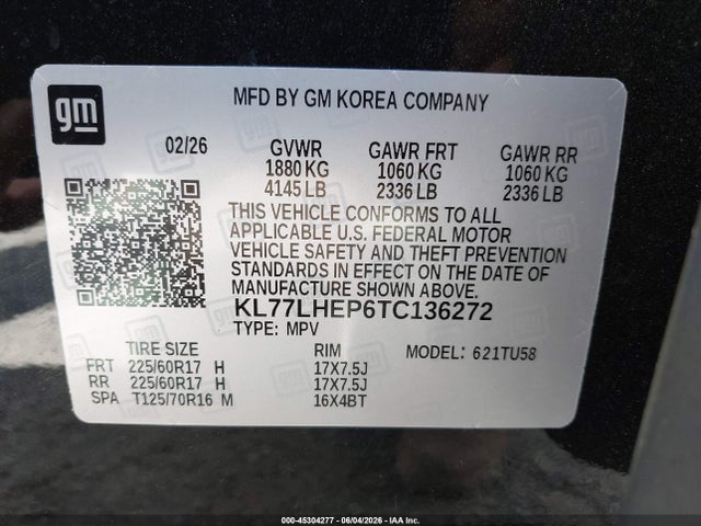 45304277 :رقم المزاد ، KL77LHEP6TC136272 vin ، 2026 Chevrolet Trax Fwd Lt مزاد بيع