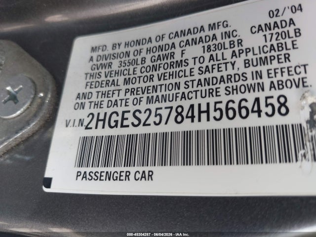 Aukcja sprzedaży 2004 Honda Civic Ex, vin: 2HGES25784H566458, numer aukcji: 45304287