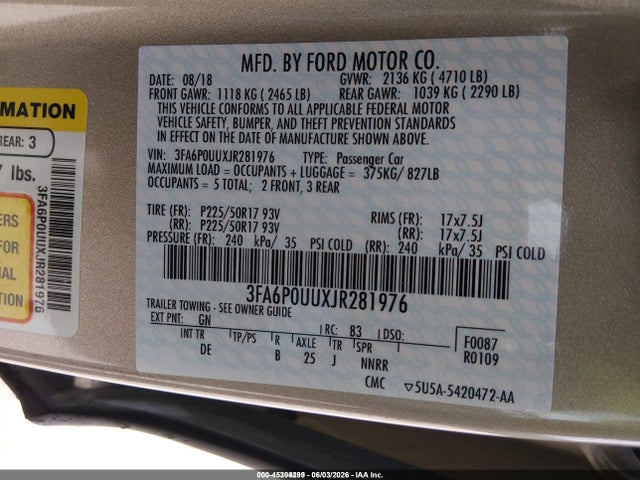 Auction sale of the 2018 Ford Fusion Hybrid S, vin: 3FA6P0UUXJR281976, lot number: 45304299