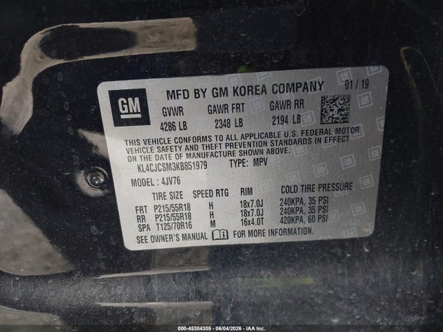 2019 Buick Encore Fwd Essence მანქანა იყიდება აუქციონზე, vin: KL4CJCSM3KB851979, აუქციონის ნომერი: 45304305
