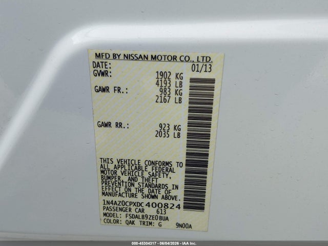 2013 Nissan Leaf S მანქანა იყიდება აუქციონზე, vin: 1N4AZ0CPXDC400824, აუქციონის ნომერი: 45304317
