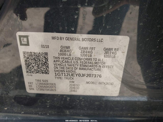 45304323 :رقم المزاد ، 1GT12UEY0JF207376 vin ، 2018 Gmc Sierra 2500hd Denali مزاد بيع