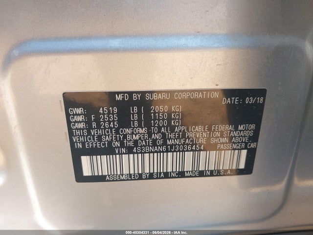 4S3BNAN61J3036454 Subaru Legacy 2.5i Limited