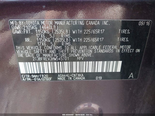 Aukcja sprzedaży 2017 Toyota Rav4 Le, vin: 2T3BFREV3HW545701, numer aukcji: 45304361