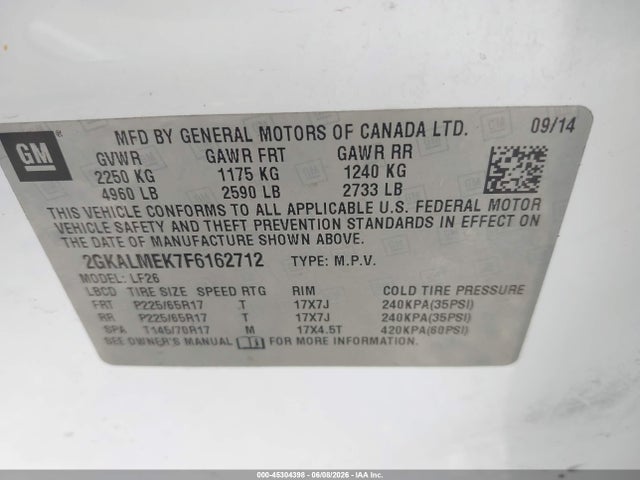 Aukcja sprzedaży 2015 Gmc Terrain Sle-1, vin: 2GKALMEK7F6162712, numer aukcji: 45304398