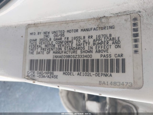 Продаж на аукціоні авто 1995 Toyota Corolla Le/dx, vin: 1NXAE09B0SZ333400, номер лоту: 45304402