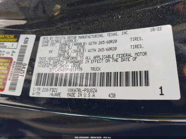 Продаж на аукціоні авто 2023 Toyota Tundra Sr5, vin: 5TFLA5AB5PX019779, номер лоту: 45304405