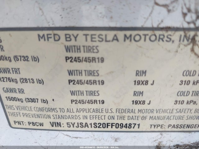 Aukcja sprzedaży 2015 Tesla Model S 70d/85d/p85d, vin: 5YJSA1S20FF094871, numer aukcji: 45304410