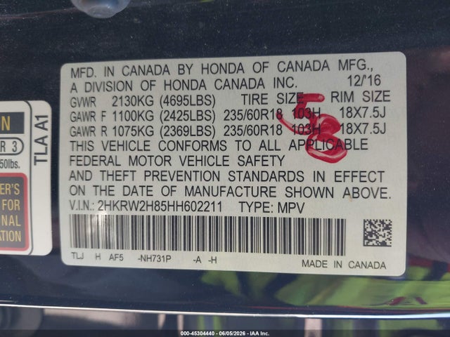2HKRW2H85HH602211 Honda Cr-v Ex-l/ex-l Navi