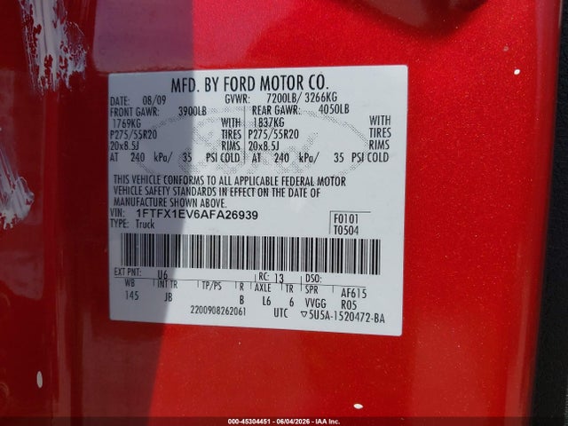 Продажа на аукционе авто 2010 Ford F-150 Fx4, vin: 1FTFX1EV6AFA26939, номер лота: 45304451