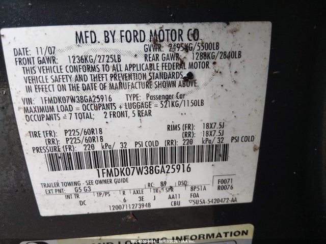 2008 Ford Taurus X Eddie Bauer მანქანა იყიდება აუქციონზე, vin: 1FMDK07W38GA25916, აუქციონის ნომერი: 45304484