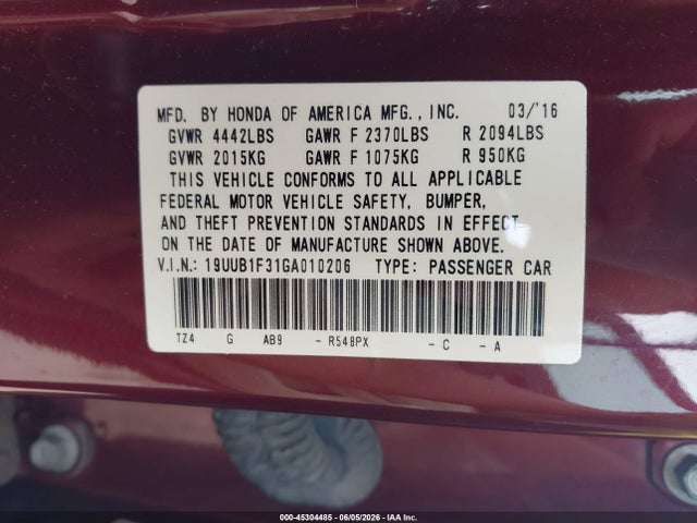 45304485 :رقم المزاد ، 19UUB1F31GA010206 vin ، 2016 Acura Tlx مزاد بيع