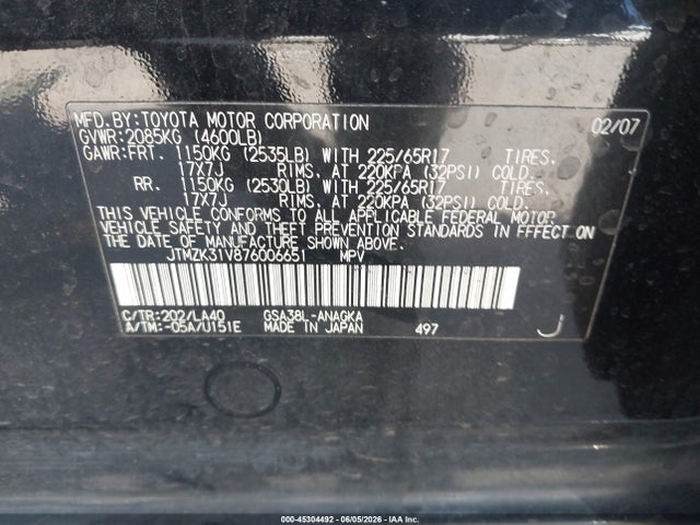 45304492 :رقم المزاد ، JTMZK31V876006651 vin ، 2007 Toyota Rav4 Limited V6 مزاد بيع