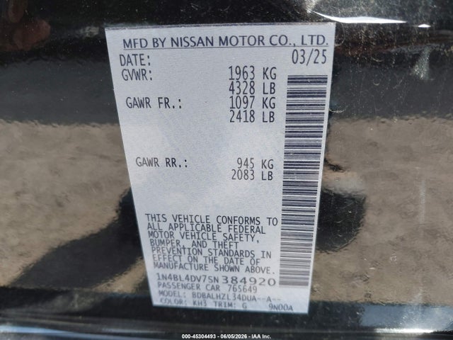 Продаж на аукціоні авто 2025 Nissan Altima Sv Fwd, vin: 1N4BL4DV7SN384920, номер лоту: 45304493