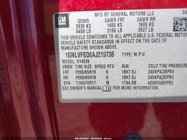 45304501 :رقم المزاد ، 1GNLVFED6AJ219738 vin ، 2010 Chevrolet Traverse Lt مزاد بيع
