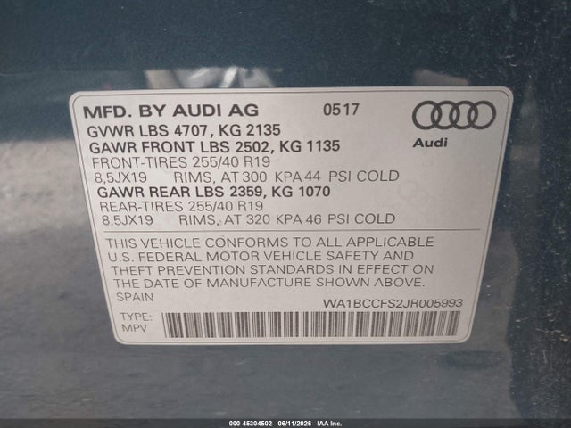 Продаж на аукціоні авто 2018 Audi Q3 2.0t Premium/2.0t Sport Premium, vin: WA1BCCFS2JR005993, номер лоту: 45304502