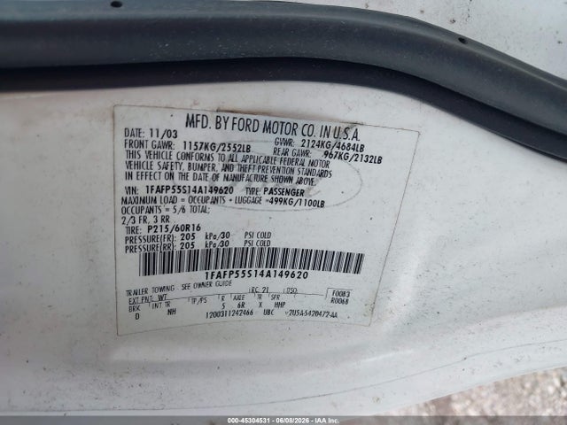 Aukcja sprzedaży 2004 Ford Taurus Ses, vin: 1FAFP55S14A149620, numer aukcji: 45304531