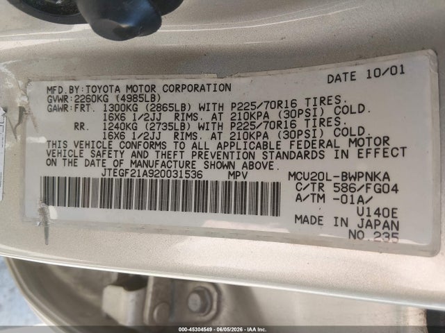 Продажа на аукционе авто 2002 Toyota Highlander V6, vin: JTEGF21A920031536, номер лота: 45304549