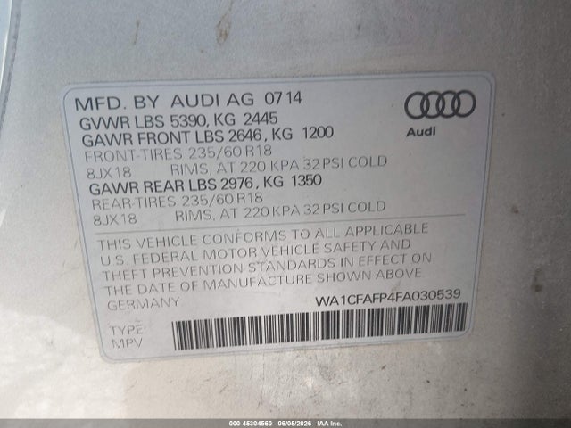 Продаж на аукціоні авто 2015 Audi Q5 2.0t Premium, vin: WA1CFAFP4FA030539, номер лоту: 45304560