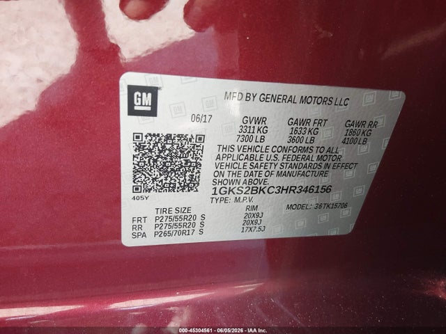 Aukcja sprzedaży 2017 Gmc Yukon Slt, vin: 1GKS2BKC3HR346156, numer aukcji: 45304561