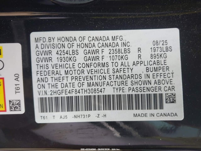 2026 Honda Civic Hybrid Sport/sport Touring მანქანა იყიდება აუქციონზე, vin: 2HGFE4F84TH308547, აუქციონის ნომერი: 45304566