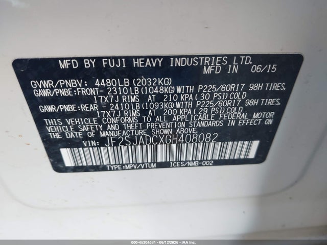 2016 Subaru Forester 2.5i Premium მანქანა იყიდება აუქციონზე, vin: JF2SJADCXGH408082, აუქციონის ნომერი: 45304581