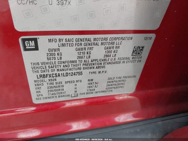 Aukcja sprzedaży 2020 Buick Envision Fwd Essence, vin: LRBFXCSA1LD124755, numer aukcji: 45304629