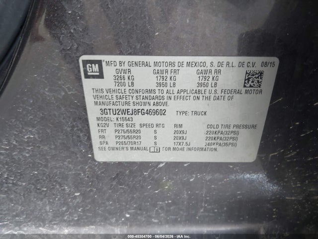 2015 Gmc Sierra 1500 Denali მანქანა იყიდება აუქციონზე, vin: 3GTU2WEJ8FG469602, აუქციონის ნომერი: 45304700