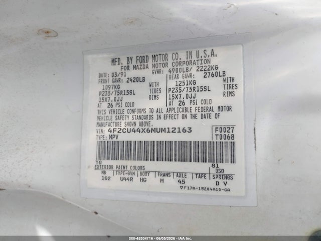 Продаж на аукціоні авто 1991 Mazda Navajo Lx, vin: 4f2cu44x6mum12163, номер лоту: 45304716