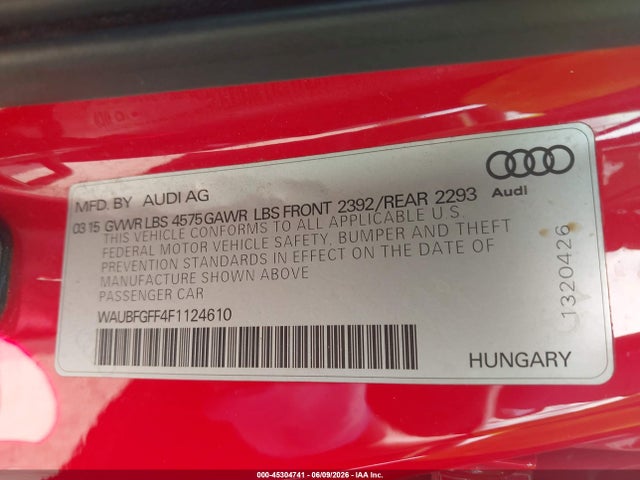 2015 Audi A3 2.0t Premium მანქანა იყიდება აუქციონზე, vin: WAUBFGFF4F1124610, აუქციონის ნომერი: 45304741