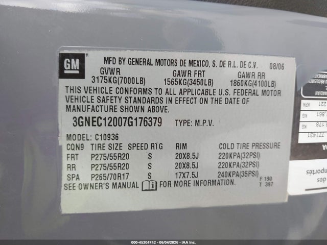 2007 Chevrolet Avalanche 1500 Ltz მანქანა იყიდება აუქციონზე, vin: 3GNEC12007G176379, აუქციონის ნომერი: 45304742