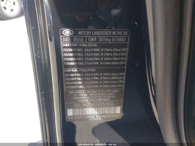 45304749 :رقم المزاد ، SALSK2D46AA253632 vin ، 2010 Land Rover Range Rover Sport Hse مزاد بيع
